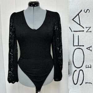 Sofia Jeans Lace Blouson Sleeves Snap Closer V-Neck Romantic Bodysuit Sz: M